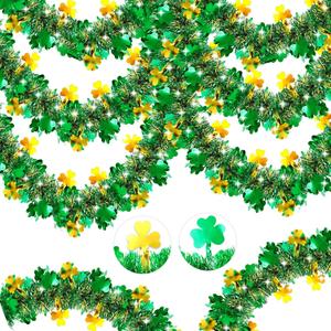 50FT St Patrick's Day Tinsel Garland, Green Gold Shamrock Tinsel Garland Clover Tinsel Twist Hanging Garland for Outdoor Indoor Home Tree Room Holiday Disco Party Irish St Patricks Day Decorations