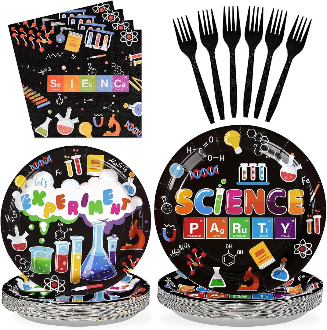 Grencian 96 Pcs Science Party Supplies 350 GSM Science Plates and Napkins Disposable Tableware Set Mad Scientist Dinnerware for Kids Little Scientist Decoration Favors Serves 24