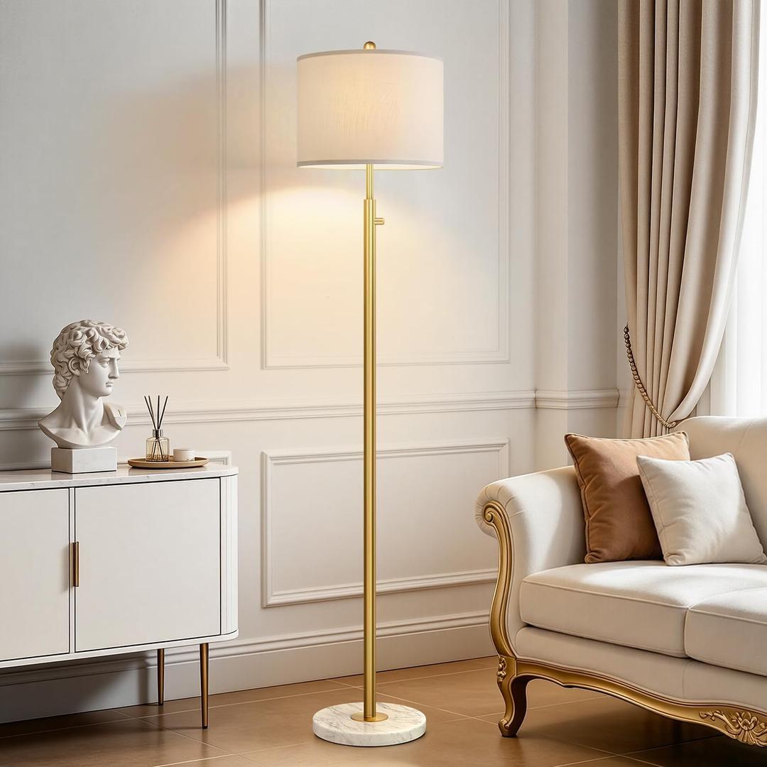 UpgradedDimmable Gold Floor Lamps for Living Room, 11W LED Bulb Included, Modern Standing Lamp with Marble Base, Tall Pole Light with White Linen Shade for Bedroom Reading Office Corner Nursery