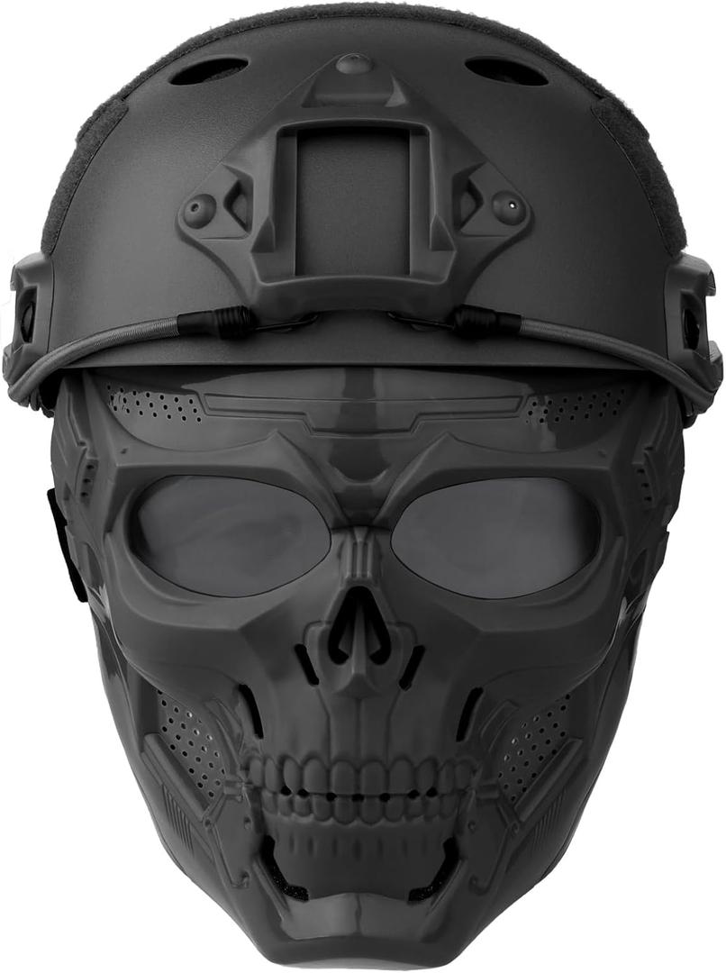 Airsoft Helmet and Mask, Full Face Mask with Detachable Goggles, Paintball Black Helmet with NVG Mount and Side Rail, Military Tactical Gear (PJ-GT-Gray)