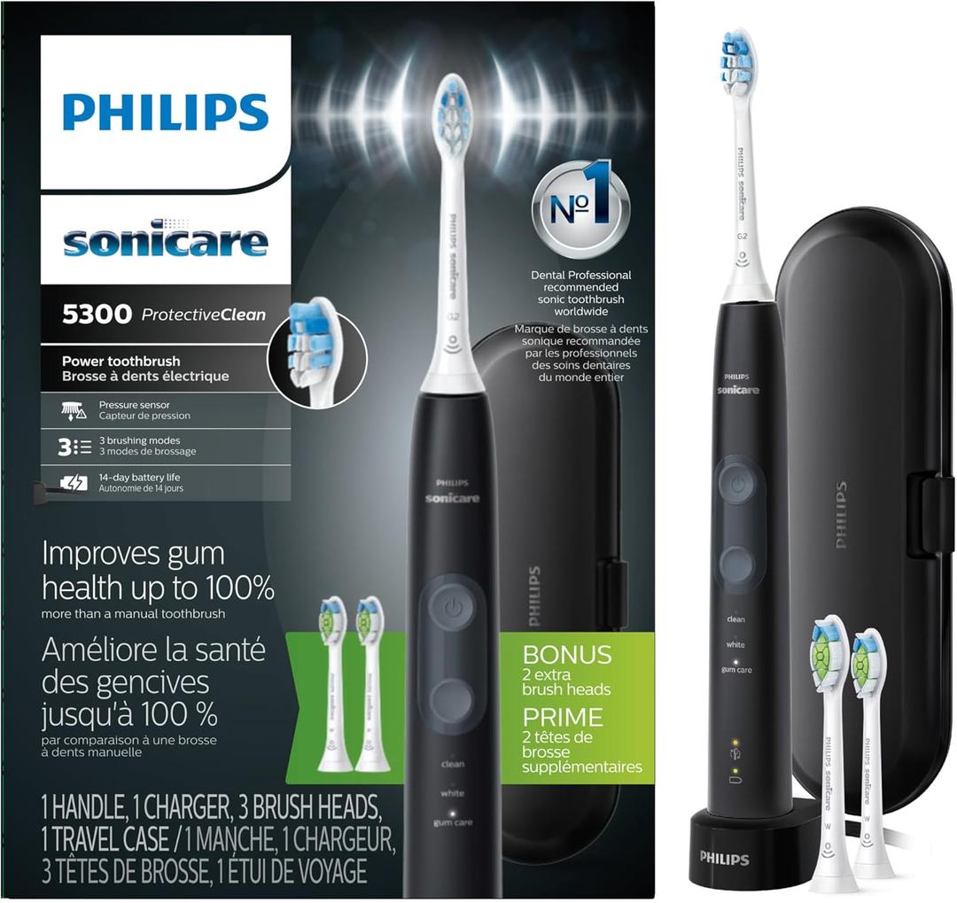 Philips Sonicare Protective Clean 5300 Rechargeable Electric Toothbrush, with Pressure Sensor, 3 Cleaning Modes, SmarTimer and QuadPacer, with 2 Bonus Brush Heads, Travel Case, Black, Model HX6423/34