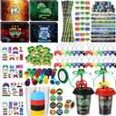 218 Pcs Video Game Party Favors Set Includes Drink Cup with Lid Game Card Pencil Sharpener Eraser Stickers Slap Bracelet Keychain Stamp Sticker Ribbon for Gamer Birthday Party