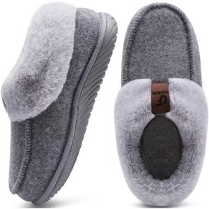 COFACE Women's Memory Foam House Slippers Arch Support Moccasin Winter Shoes Ladies Warm Fuzzy Faux Fur Collar With Indoor Outdoor Rubber Sole (10, Grey)