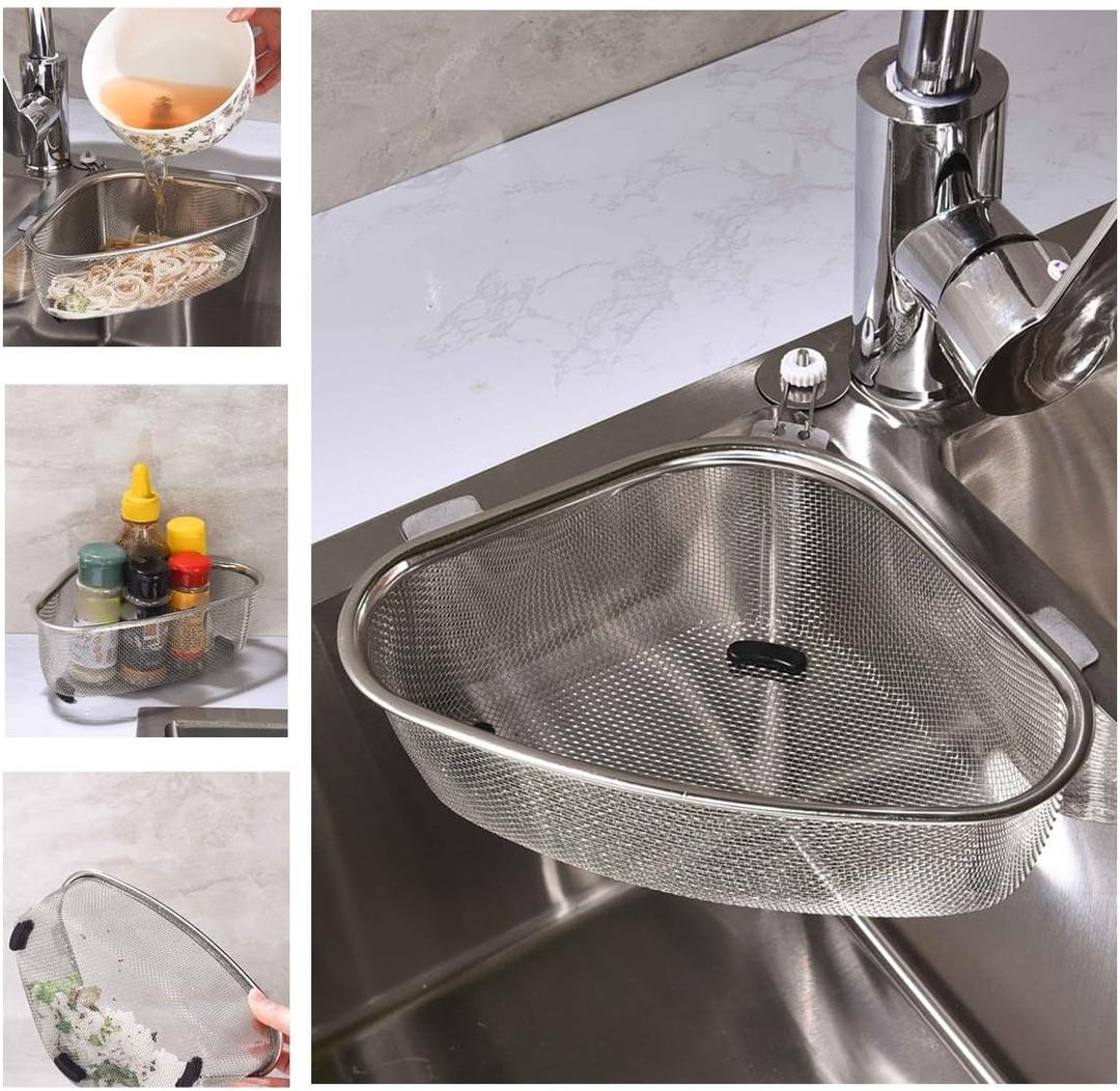 Kitchen Triangle Sink Strainer, Corner Sink Strainer, Multifunction Sink Drain Strainer Basket, Stainless Steel Food Catcher Strainer for Kitchen Waste, Vegetable, Fruits (Silver) (CF-001)