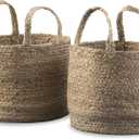 Signature Design by Ashley Brayton Jute 2 Piece Braided Basket Set With Handles, Large Basket 14" W x 14" D x 11" H, Medium Basket 12" W x 12" D x 10" H, Light Brown