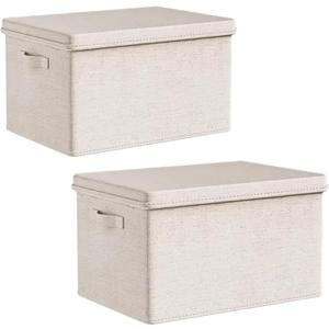 Jumbo Fabric Storage Bins with Lids 19.7*13.8*12.2 in, 2-Pack Storage Baskets for Closet, Large Linen Organizers and Storage Bins for Bedroom, Collapsible Baskets and Bins with Handles, Off White