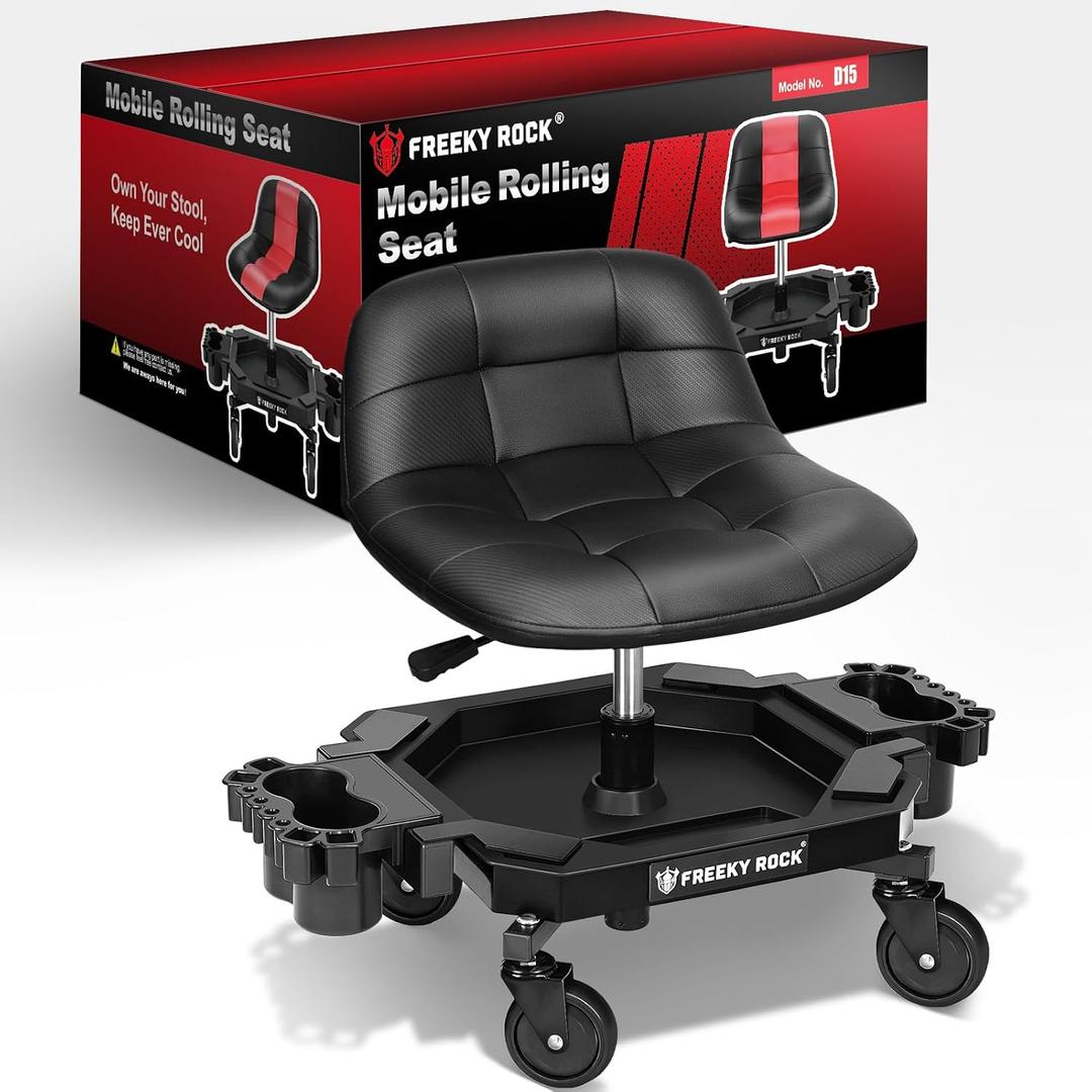 Rolling Stool with Wheels, Adjustable Height Pneumatic Garage Work Mechanic Stool Seat with Backrest, 400 LBS Capacity 360° Swivel Mechanic Crepper Chair with Tool Tray Storage, Black, 17.13" x 14.57" / 15.7" - 20.47"