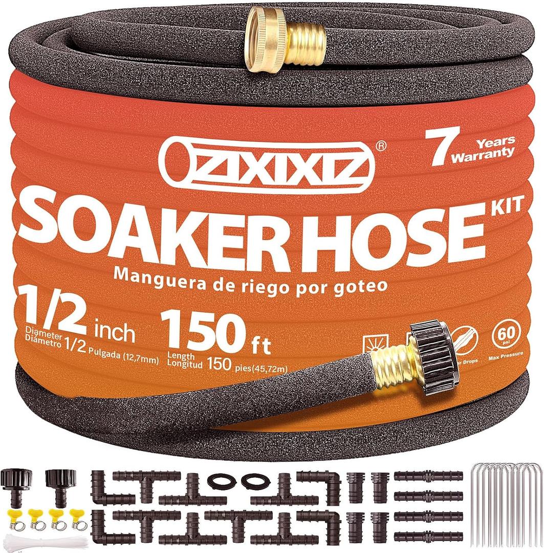 150FT 1/2-Inch Soaker Hose, Flexible with Solid Brass Connector, Leak-Resistant Watering System for Gardens & Vegetable Beds