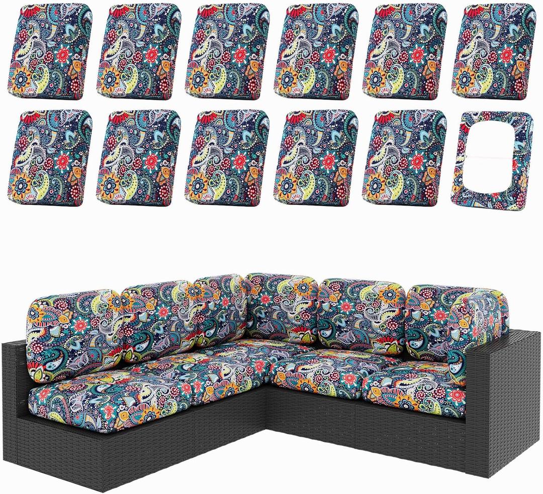 hyha 12Pcs Patio Cushion Covers, Stretch Outdoor Couch Cushion Covers Replacement, Washable Outdoor Chair/Sofa Slipcovers for Patio Furniture Cushions Protector with Elastic Bottom (Paisley,Cover Only)