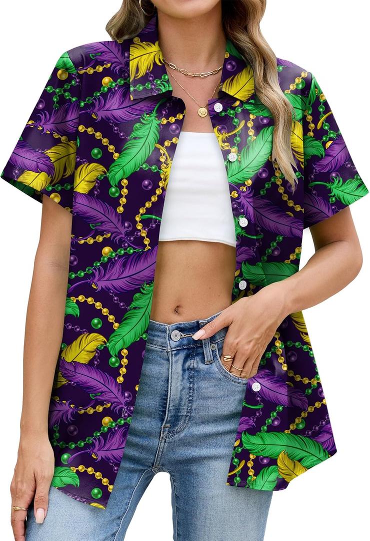 Fat Tuesday Shirts for Women Fat Tuesday Party Outfit Button Up New Orleans Themed Party Short Sleeve Tops, Small