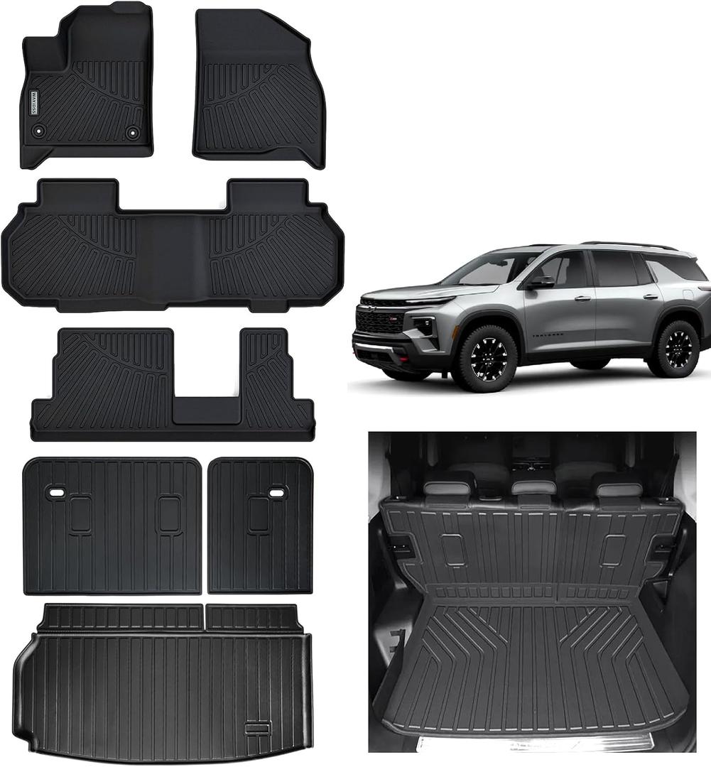 Floor Mats & Large Trunk Mat for All-New 2024 2025 Chevrolet Traverse (8 Seats(2 Row Bench Seat)), TPE All Weather Protection Car Covering backrest for Chevy Traverse