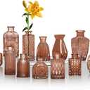 KUAGUINZUHE 12 Pcs Glass Bud Vase Set, Small Amber Vintage Flower Vases for Wedding Centerpieces in Bulk, Mini Embossed Vases for Home Table Decor, Party, Baby Shower Decorations