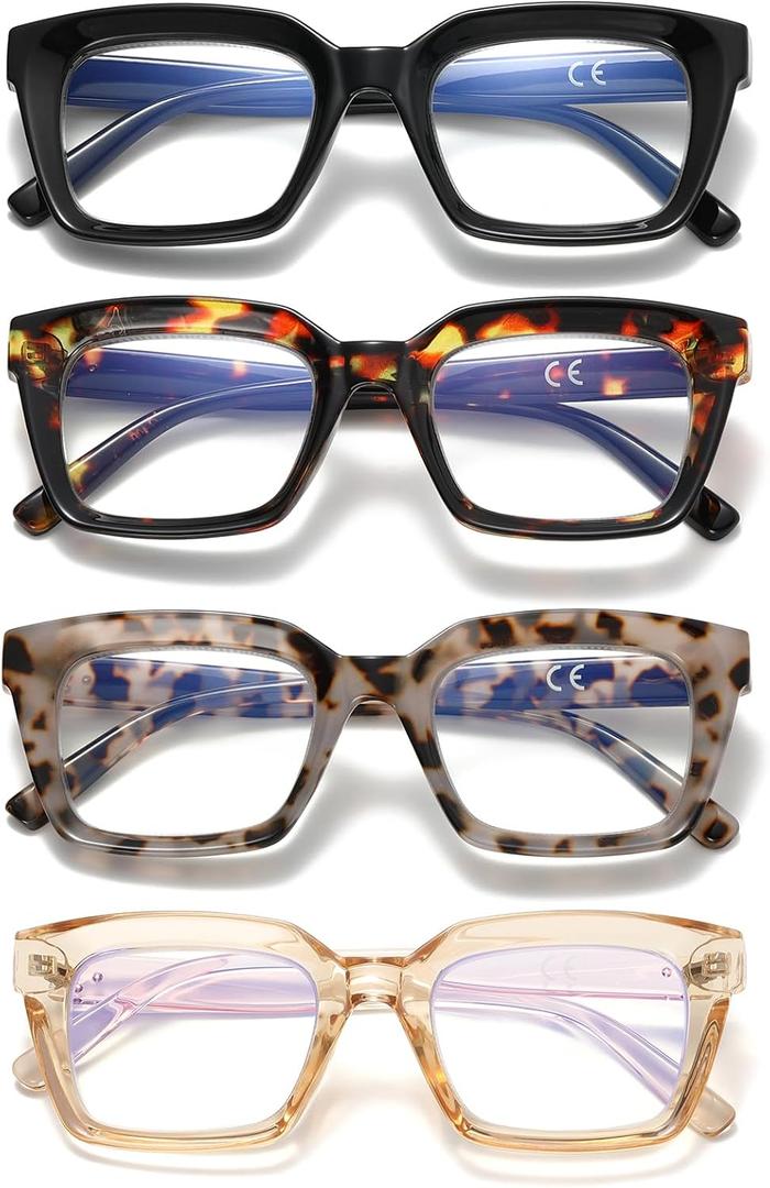 Oversized Reading Glasses for Women, 4 Pack Fashion Square Blue Light Blocking Computer Readers for Women, +2.00