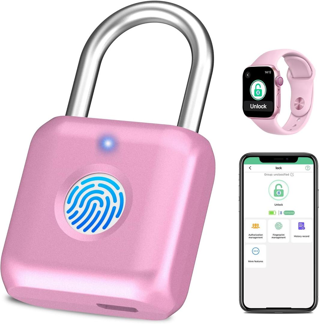 Fingerprint Padlock eLinkSmart Gym Locker Lock for Girls Women with Phone App iOS Watch Metal Keyless Combination Locks for School Sports Locker Toolbox Hasp Storage Pink