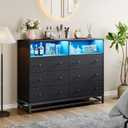 6 Drawers White Wood Dressers for Bedroom with LED Light & Charging Station, Modern Chest of Wide Drawers for Girls Bedroom Living Room, Entryway, Hallway, 47" Wide Wooden Dresser TV Stand, Black