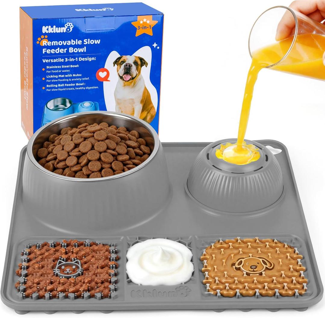Slow Feeder Dog Bowl with Lick Mat & Interactive Rolling Ball, Stainless Steel Pet Feeding Station with Non-Slip Stable Grip Base for Wet Food, Dry Kibble (Light Gray)