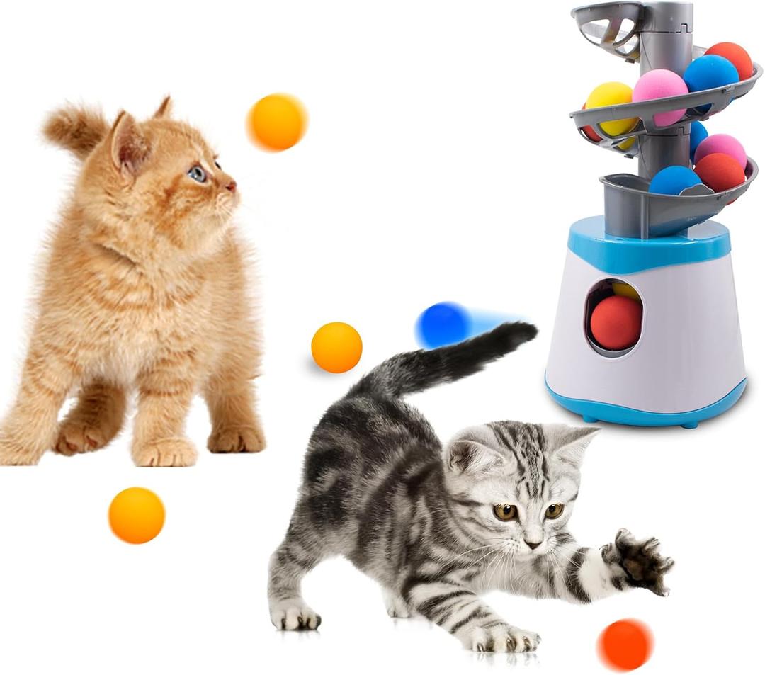 Automatic Ball Launcher for Small and Medium Cats, Interactive Cat Toy Base Ball Throwing Machine Mental Stimulation Toys for Cats Enrichment Toy for Indoor Outdoor Use, 16 EVA Balls Included