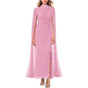 Lrady Women's Wedding Guest Dress Evening Gowns High Neck Formal Cocktail Party Maxi Bodycon Dresses with Cape Sleeve (Pink, M)