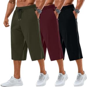 Neer 3 Pack Men's Baggy Capri Pants Plus Size Below Knee Casual 3/4 Shorts Big and Tall Summer Drawstring Pants with Pockets (Black, XL)