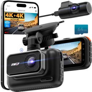 IIWEY 4K+4K Dash Cam Front and Rear, 5G Wi-Fi 64GB SD Card Included, STARVIS Dash Camera for Cars, 3 Inch IPS Screen, Dual Channel HDR Night Vision, 24H Parking Mode, 170 Widude Angle, G-Sensor, Black