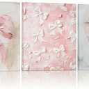 3 Pcs Coquette Pink Bow Canvas Wall Decor Christmas Cute Oil Painting Bow Wall Decor Print Trendy Preppy Cute Art with Framed for Xmas Bedroom Bathroom Kitchen College 9.84 x 7.87 Inch