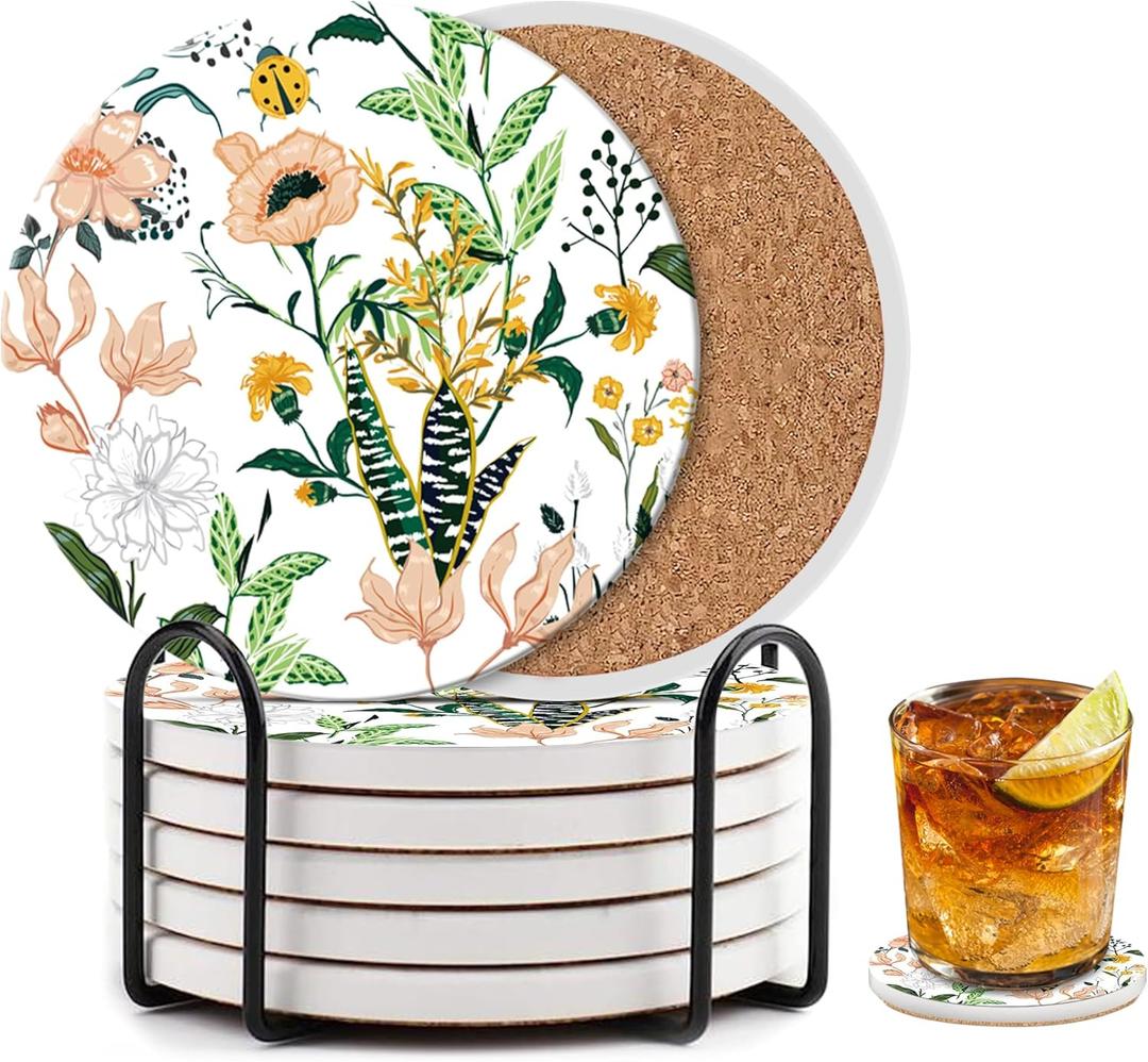 2 x Cute Flower Coasters Set of 6 with Holder and Cork Base - 4in Absorbent Ceramics Coaster for Tabletop Protection Drink Coasters-Coffee Table Decoration,Home Decor-Housewarming Gifts for New Home