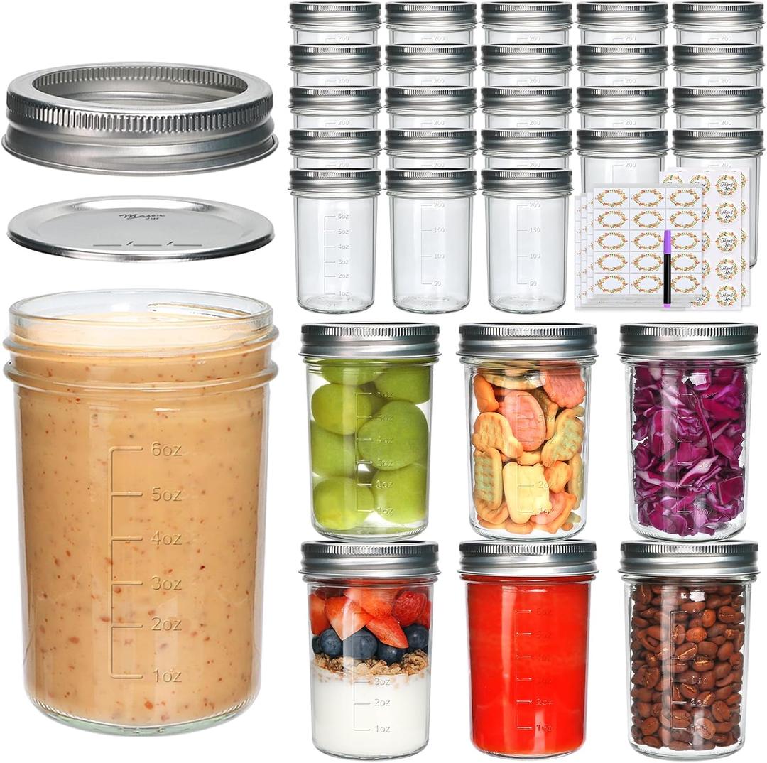 30 Pack 8 oz Mason Jars,Canning Jars With Silver Lids,Half Pint Canning Jar Class Jar for Jelly, Jam, Spices, Honey, Food Storage,Fermenting, Pickling, Meal Prep, Wedding Favors, DIY Crafts