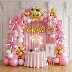 Pink and White Gold Grad Balloon garland arch kit 140pcs With Large Gold pink Star Bow balloons for 2025 graduations decorations Prom girl's birthday party supplies