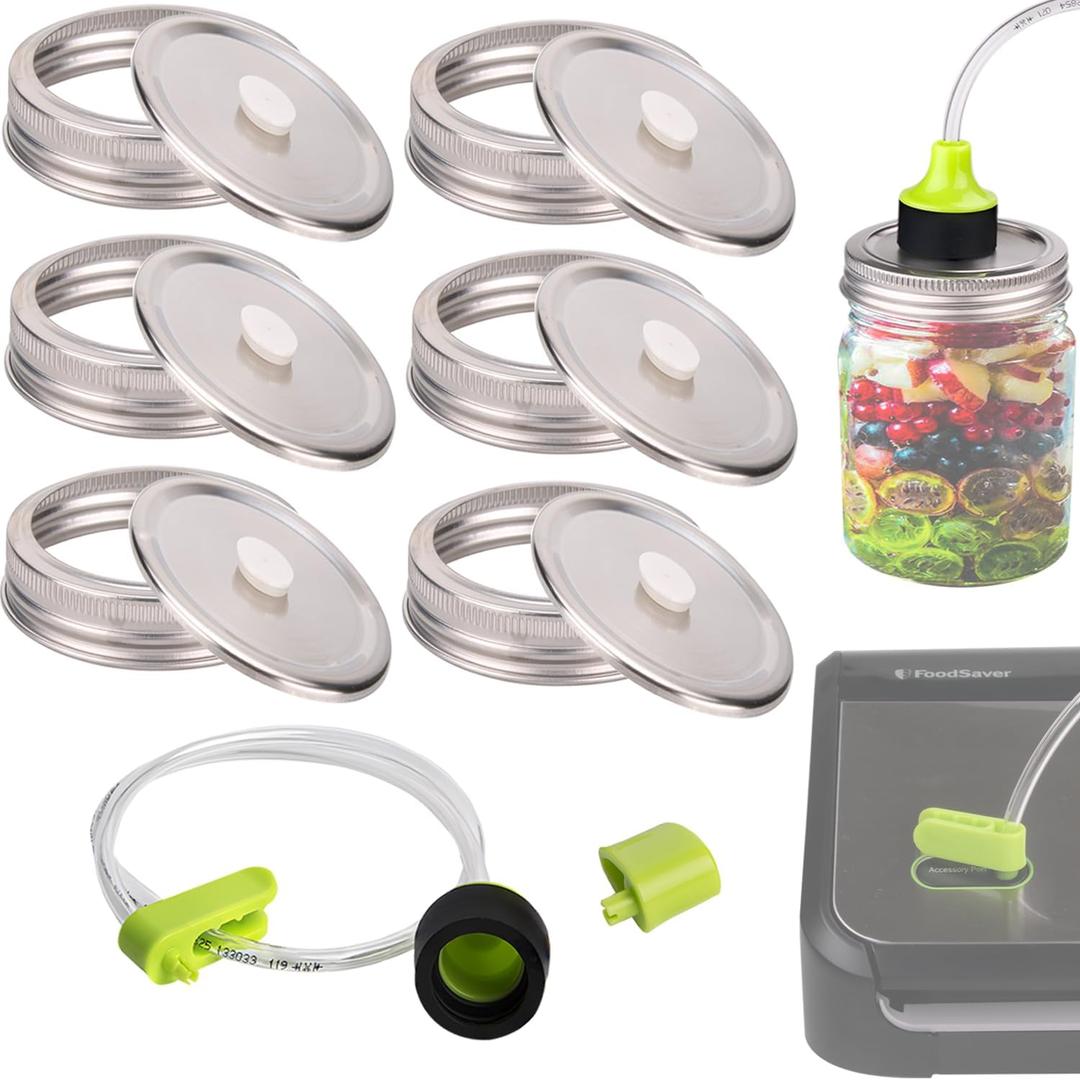 Vacuum Seal Mason Jar Lids for FoodSaver Vacuum Sealer, Vacuum Seal Lid for 3.38 in Mason Jar,6 Set Vacuum Stainless Steel Lids for Food Storage +Accessory Hose