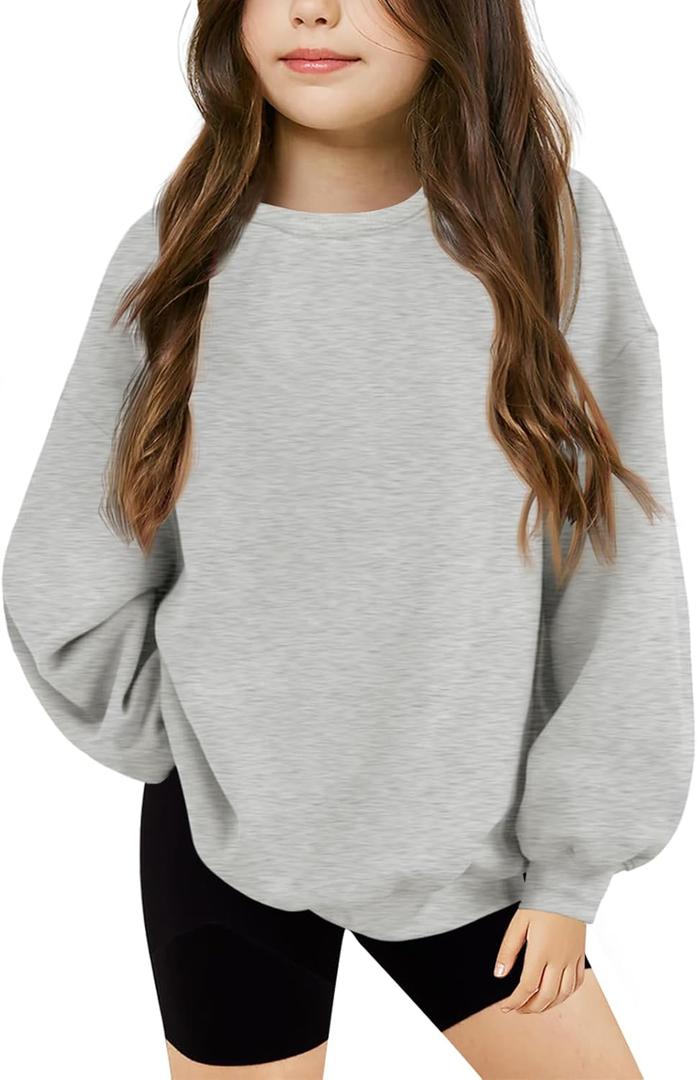 Haloumoning Girls Oversized Crewneck Sweatshirts Kids Fashion Fleece Drop Shoulder Pullover, 13-14 Years (Grey)
