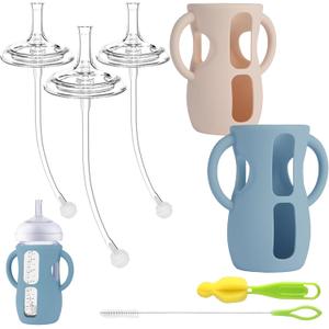 Straw Cup Conversion Kit with Silicone Sleeves for Avent Natural Glass Baby Bottle 8oz, Toddler Sippy Cups Transition Kit w Anti Breakage Bottle Holder Compatible with Philips Natural Baby Bottles 8oz