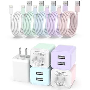 iGENJUN 5Pack iPhone Charger [MFi Certified], Dual Port USB Wall Charger Block Adapter with 6FT Lightning Cable Fast Charging Data Sync Cords for iPhone 14 13 12 11 Pro Max XR XS Plus-Multicolor