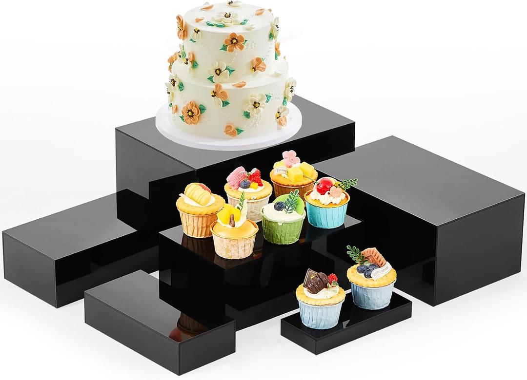 Leinuosen 6 Pcs Acrylic Buffet Risers Stands for Food Display Cubes Box, 7 to 12 Inch Rectangle Catering Table Dessert Decor for Wedding Brunch Setup Party Jewelry Collectibles, Hollow Bottom (Black)