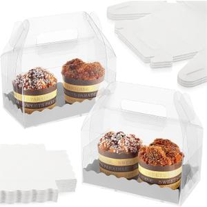 Handepo 25 Pcs Clear Gable Boxes Clear Favor Bakery Gift Boxes Treats with Cardboard and Handles for Cookie Pastry Cupcake Dessert Wedding Party, 6.3 x 3.6 x 3.6''