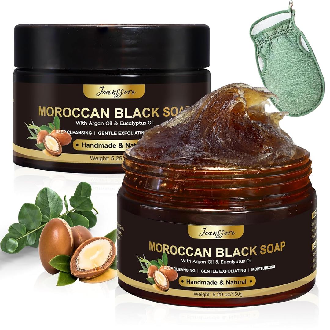 2 Pack Moroccan Black Soap Hammam, Morocco Body Scrub with Exfoliating Glove, Exfoliating Body Cleanser, Argan Oil & Eucalyptus  Deep Cleansing, Softens Skin