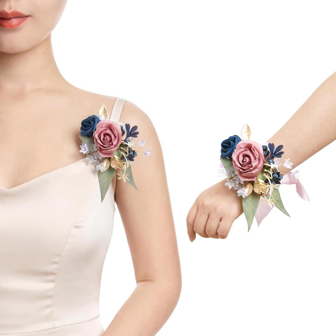 Ling's moment 2pcs Prom Wrist/Shoulder Corsage Artificial Flower, Girl/Mother Homecoming/Wedding Corsage Wristlet Dcor, etc. Dusty Rose Navy Blue