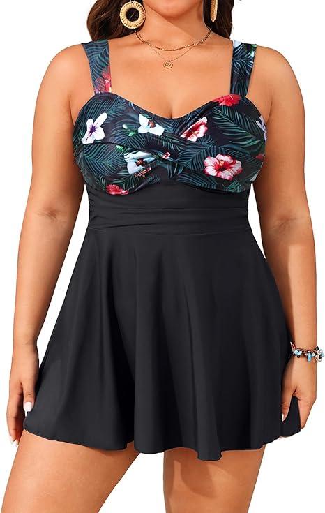 Aqua Eve Plus Size Two Piece Swimsuits for Women Tankini Bathing Suits Flowy Swim Dress ( SIZE 20W, BLACK WITH FLORAL )