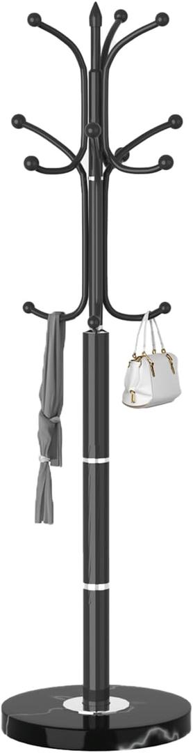 Metal Coat Rack Freestanding, Sturdy Coat Rack Stand with Natural Marble Base, Modern Black Coat Racks Tree Hats Hanger Holder Stand for Entryway, Hallway, Office(12 Hooks)