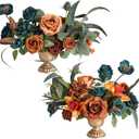 Ling's Moment Dark Teal & Burnt Orange Artificial Flowers with Vase Wedding Decor Centerpiece Flower Potted for Ceremony Reception Tabletop Desk Flowers Mantel Archway Aisle, Fake Flowers Set of 2