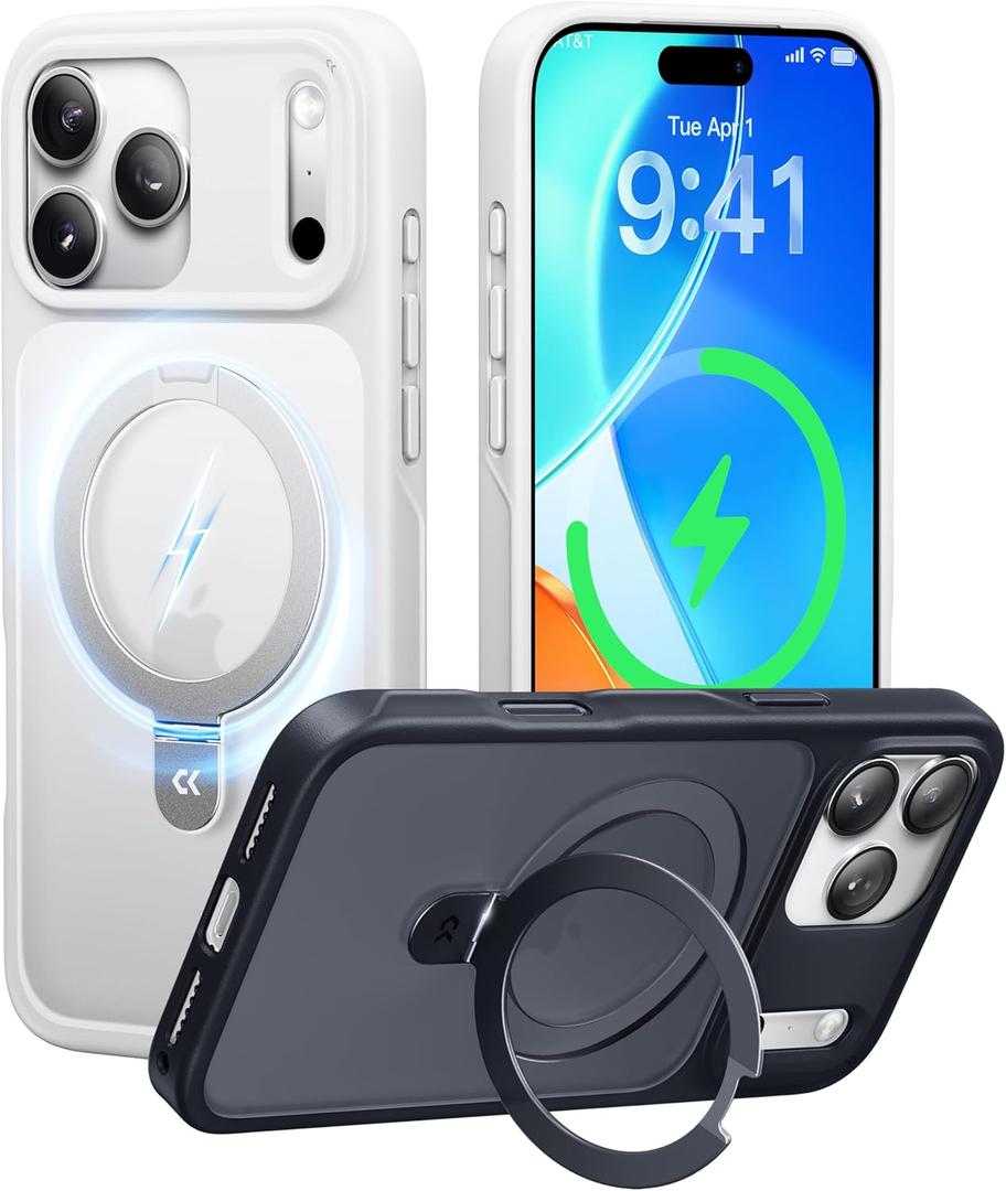 CASEKOO Ultra-Magnetic Stand for iPhone 17 Pro Case [Military Drop Protection] [Compatible with MagSafe] Shockproof Translucent Matte Slim Ring Holder Case for iPhone 17 pro 6.3", White