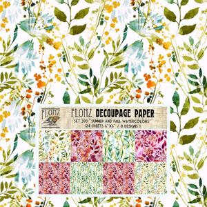 Decoupage Paper Pack (24 Sheets 6"x6") Summer and Fall Watercolors # Vintage Styled Pattern Paper for Decoupage, Craft and Scrapbooking