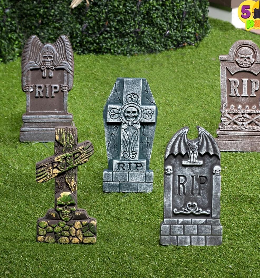 JOYIN 17” Halloween Foam RIP Graveyard Tombstones (5 Pack), Yard Sign Headstone Decorations and 10 Bonus Metal Stakes for Halloween Yard Outdoor Indoor Decorations