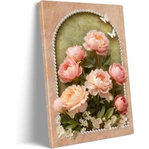 Vintage Blush Pink Peony Floral Canvas Wall Art Soft Warm Flower Wall Decor, 24"L x 16"W