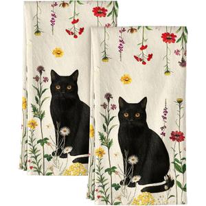 Flour Sack Kitchen Towels Set of 2-18x26 Cotton Dish Towels with Hanging Loop Reusable Tea Towel for Cleaning Spring Absorbent Dishcloths Cute Home Decor Housewarming, Retro Cats Floral