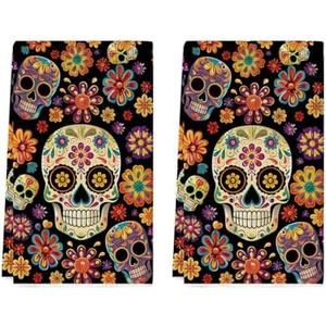 Artoid Mode Flower Sugar Skull Day of The Dead Kitchen Towels Dish Towels, 18x26 Inch Farmhouse Halloween Mexican Decor Hand Towels Set of 2
