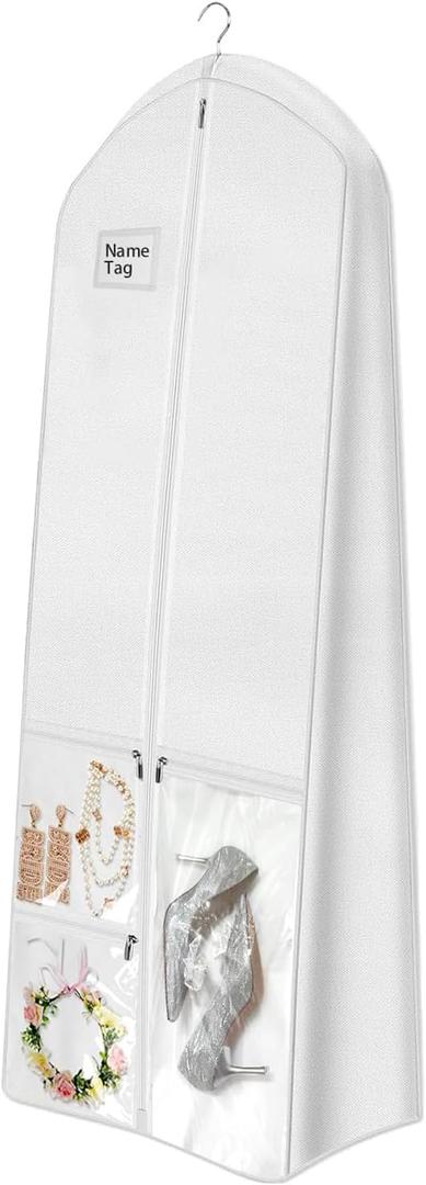 72" Wedding Dress Garment Bag with 10'' Gusseted Dress Bags for Gowns Long 4 Pockets Dress Bag Garment Storage Cover for Women, White