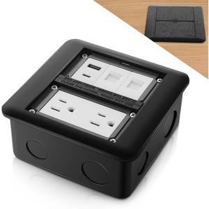 Hoolerry Floor Outlet Cover Plate, 15 a Duplex Receptacle & Triple Charging Ports (USB + USB C + Ethernet), 2 Gang Steel Recessed Outlet Box, Black