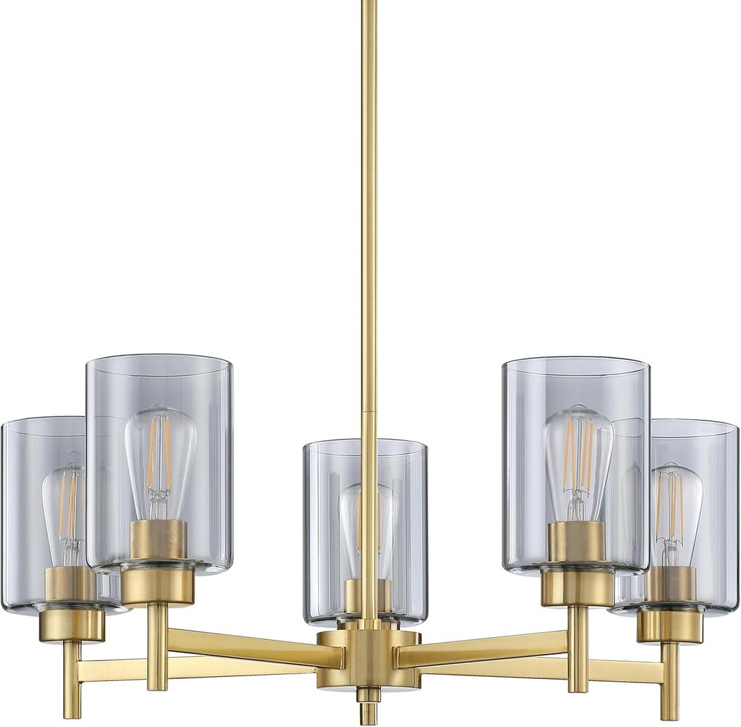 Doraimi Lighting 5 Light Chandelier Classic Style Ceiling Pendant Light Clear Grey Glass Shade Fixture,Brushed Bronze Finish for Meeting Room Dining Room Over Table Living Room (Grey Glass Brushed Bronze)