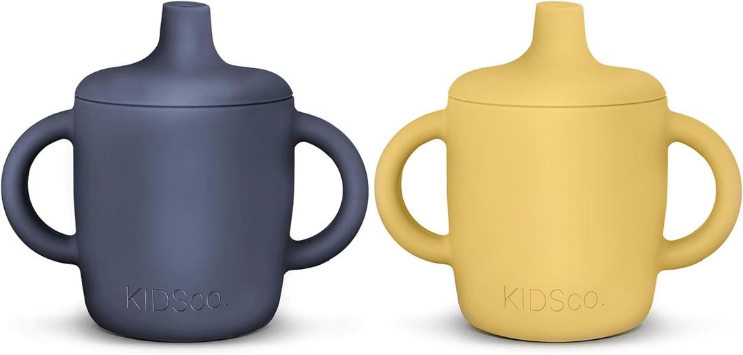 Silicone Sippy Cups with Easy Grip Transition Handles and a Soft Spout. A Non Toxic No Spill Unbreakable Training Cup 150ml/5oz |2-PACK Midnight Blue and Canary|