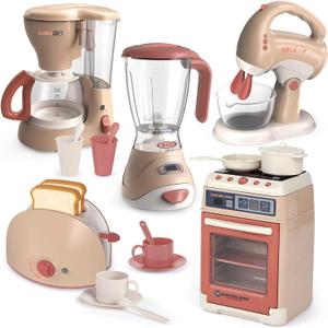 Yalujumb Play Kitchen Toys, Pretend Play Kitchen Appliances Toy Set with Coffee Maker, Mixer, Toaster with Realistic Lights& Sounds, Birthday Gift for Kids Ages 3-5 4-6 6-8 (5 Machine)
